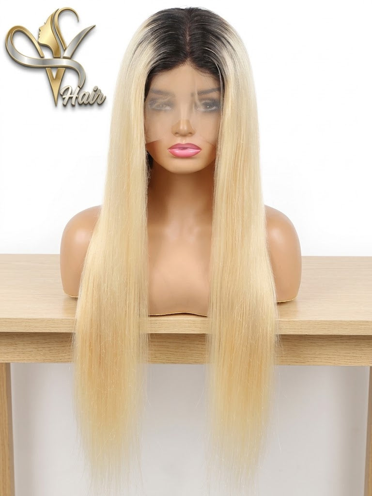 13x6 Lace Frontal Wig – 1B/613 Ombre Blonde Human Hair | Pre-Plucked, Dark Roots | 200% & 220% Density | 16–42 Inches