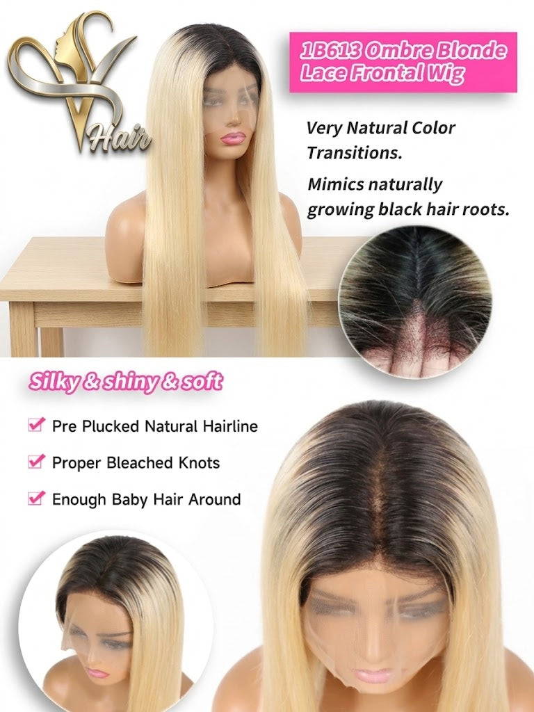 13x6 Lace Frontal Wig – 1B/613 Ombre Blonde Human Hair | Pre-Plucked, Dark Roots | 200% & 220% Density | 16–42 Inches