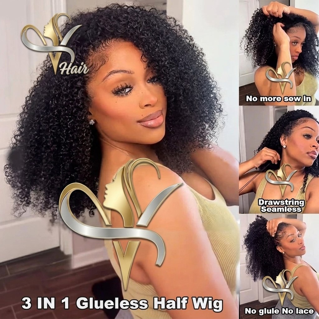 Kinky Curly Half Wig | 180% Density | 100% Burmese Remy Human Hair | Invisible Hairline | Wear & Go | 16"-28" | VS HAIR
