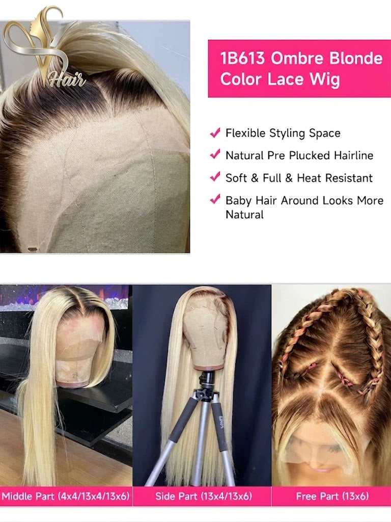 13x6 Lace Frontal Wig – 1B/613 Ombre Blonde Human Hair | Pre-Plucked, Dark Roots | 200% & 220% Density | 16–42 Inches