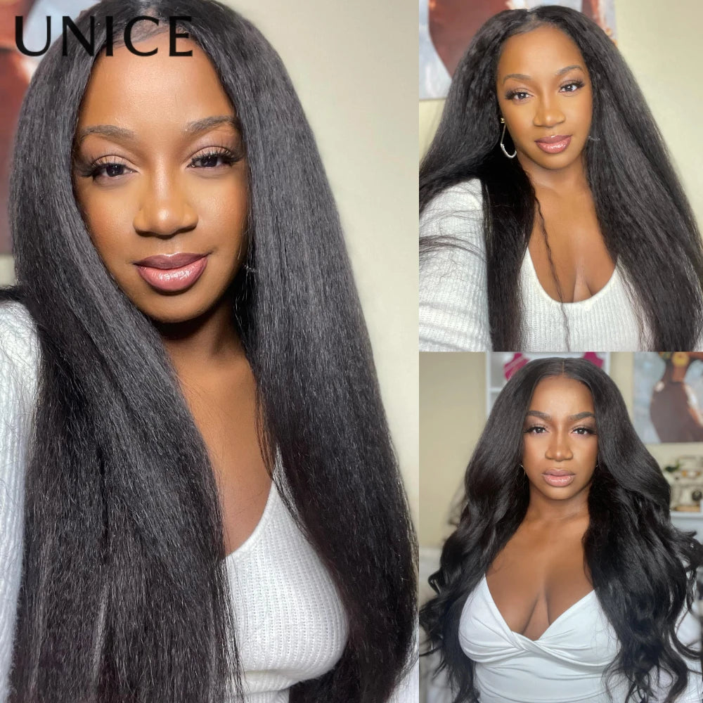 UNice InvisiBlend™ Kinky Straight V Part Wig With Drawstring Natural Black 100% Human Hair Wigs No Glue Fit For All Head Sizes