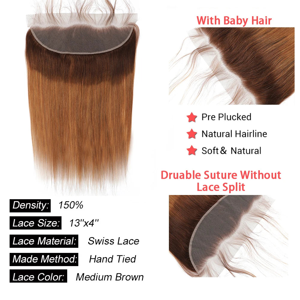 Ombre Bundles With Frontal Brazilian Hair Weave Bundles With Closure Brown T4/30 Colored Human Hair Bundles With Frontal Closure