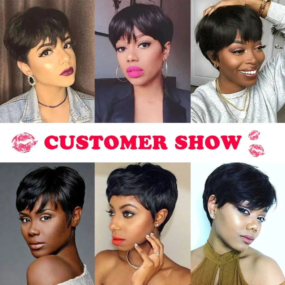 Pixie Cut Wig with Bangs – Short Layered Bob | 9A Brazilian Remy Human Hair | 180% Density | Glueless Full Machine Made | Natural Black