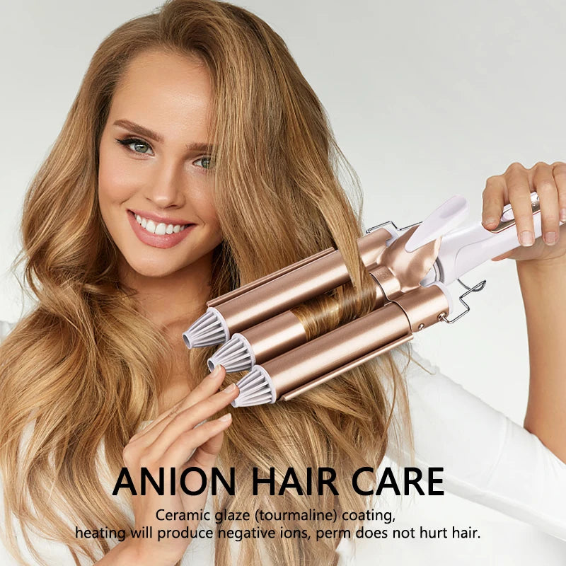 Triple Barrel Hair Waver & Curling Iron – Ceramic Tourmaline | 20–28mm | 180–210°C | Dual Voltage