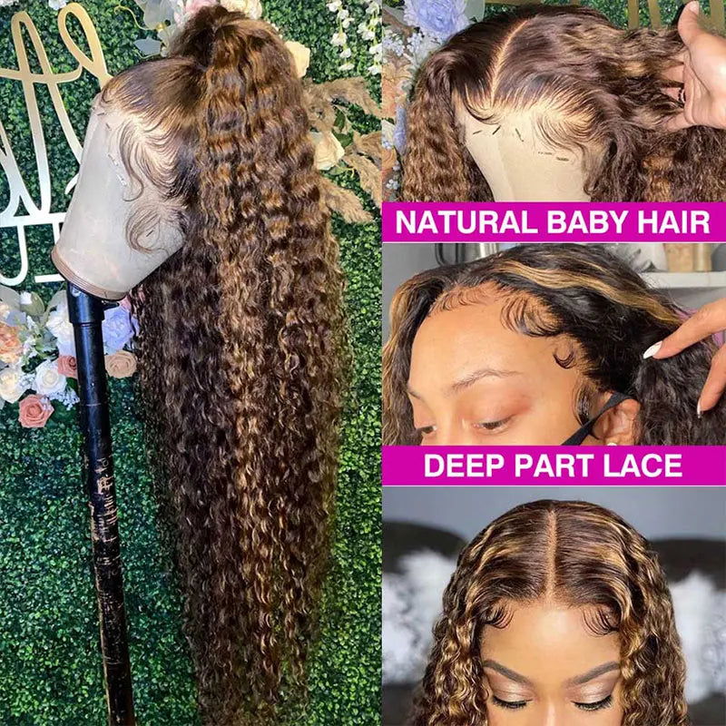 Highlight Honey Blonde Wig – Water Wave & Deep Curly | 13x4, 13x6, 5x5 Lace | Ombré 4/27 | 16"-34"