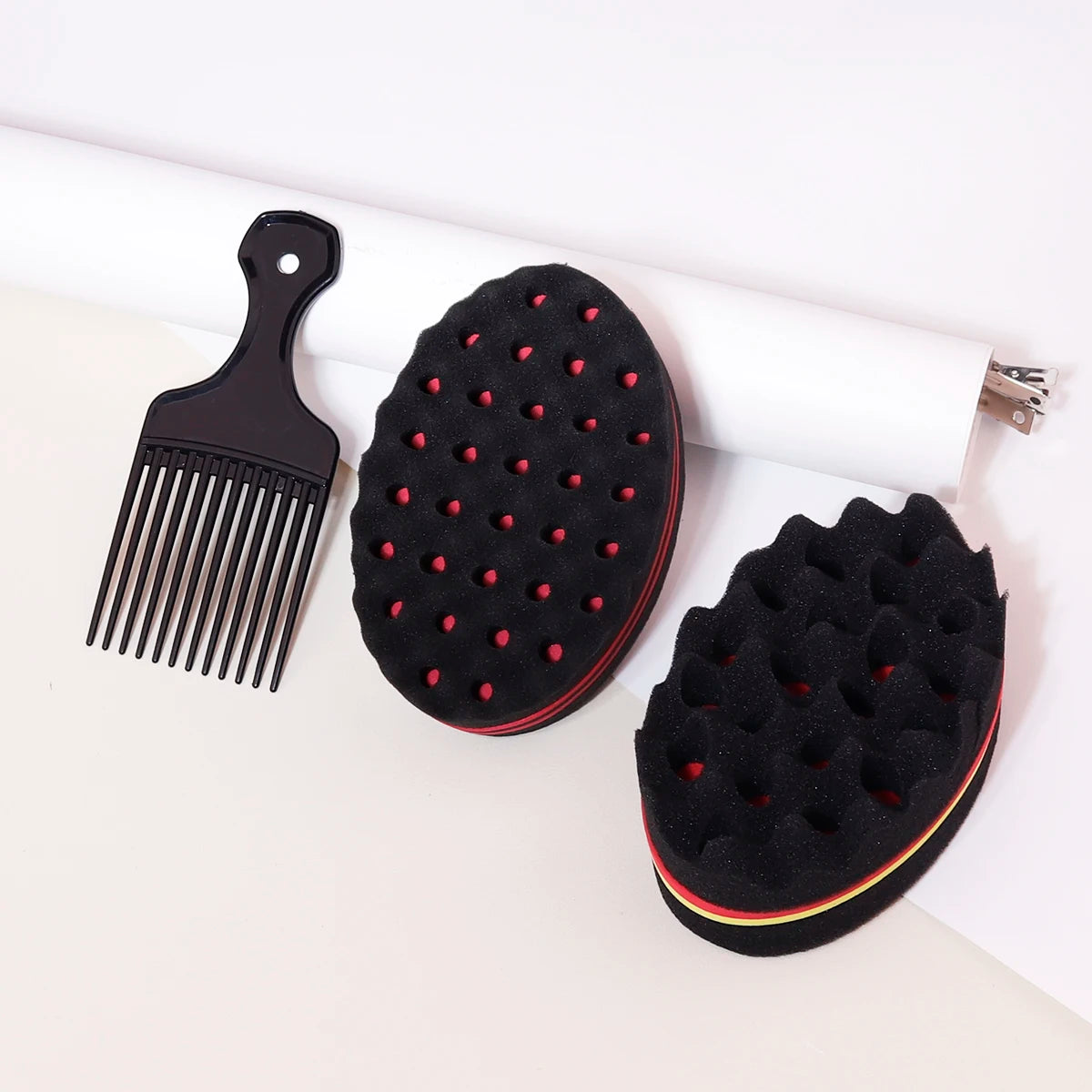 Wide Tooth Comb & Afro Sponge Brush Set – 2-Piece Wig & Natural Hair Styling Kit | Small & Large Hole
