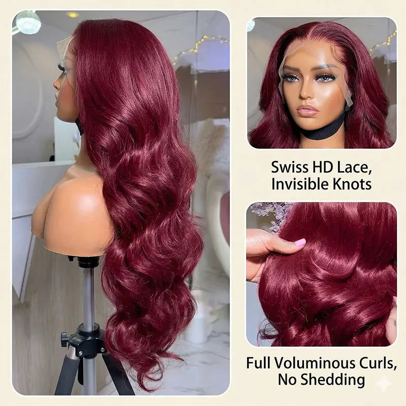 99J Burgundy Body Wave Lace Front Wig – 100% Brazilian Human Hair | 13x6 HD Lace | 18–38 Inch