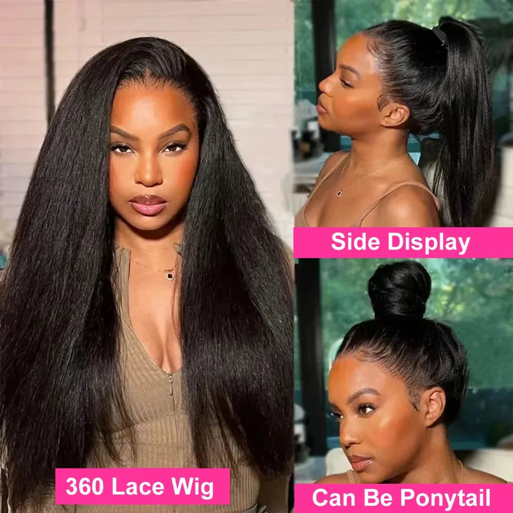 360 Invisi Strap Kinky Straight Full Lace Wig – Yaki Straight Human Hair | Pre-Plucked | 200% & 220% Density | 18–40 Inches