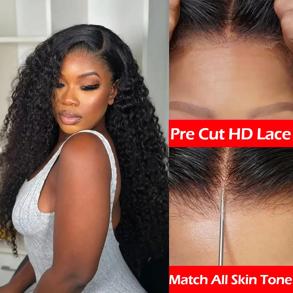 250% Kinky Curly Glueless Wig Human Hair Ready to Wear 30 Inch Curly Wigs Pre Cut 7x5 Lace Wig Deep Wave Human Hair Preplucked