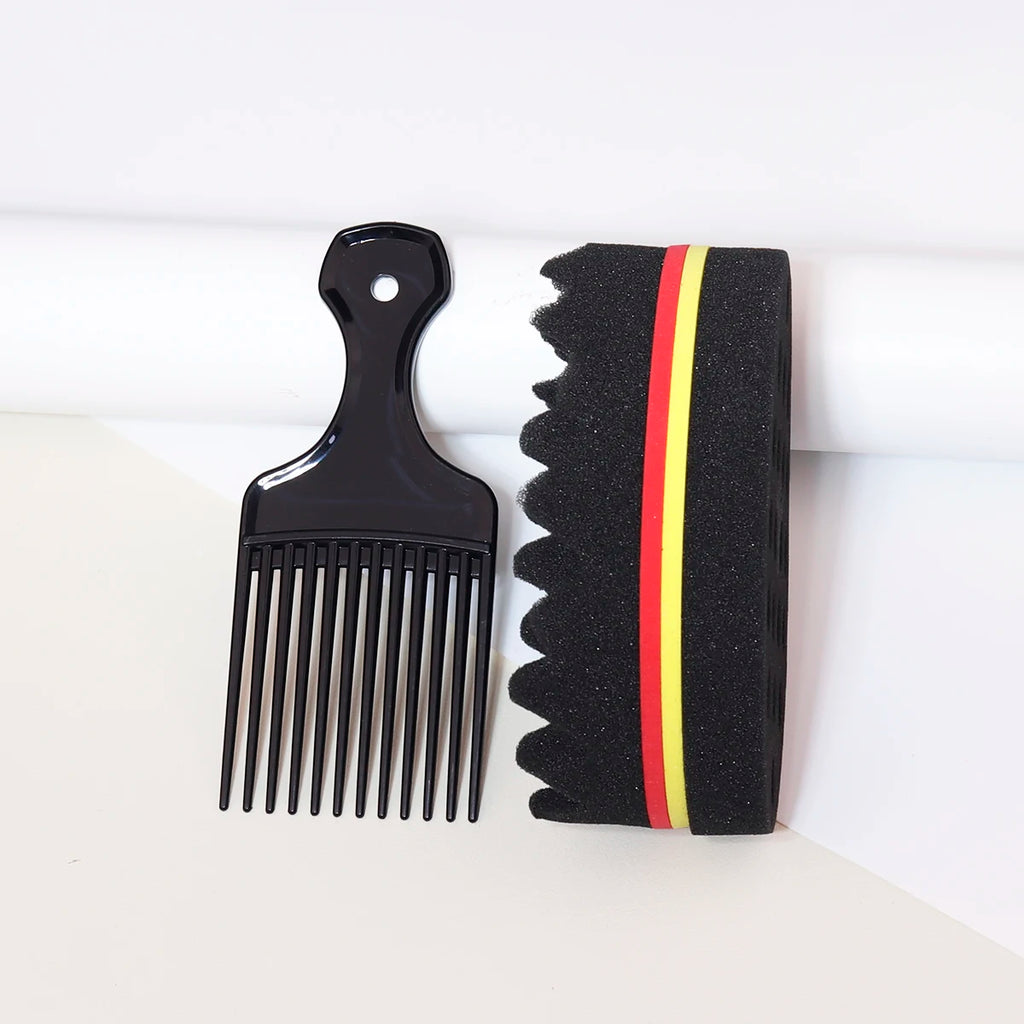 Wide Tooth Comb & Afro Sponge Brush Set – 2-Piece Wig & Natural Hair Styling Kit | Small & Large Hole