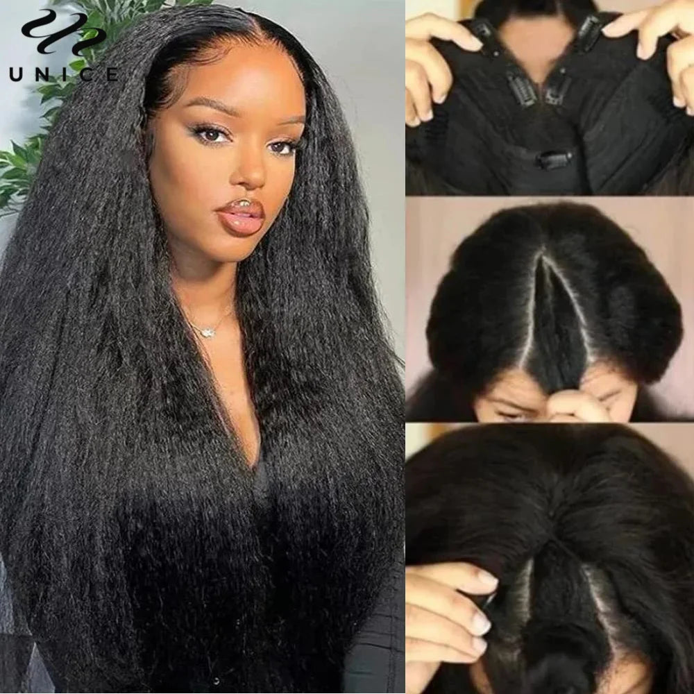 UNice InvisiBlend™ Kinky Straight V Part Wig With Drawstring Natural Black 100% Human Hair Wigs No Glue Fit For All Head Sizes