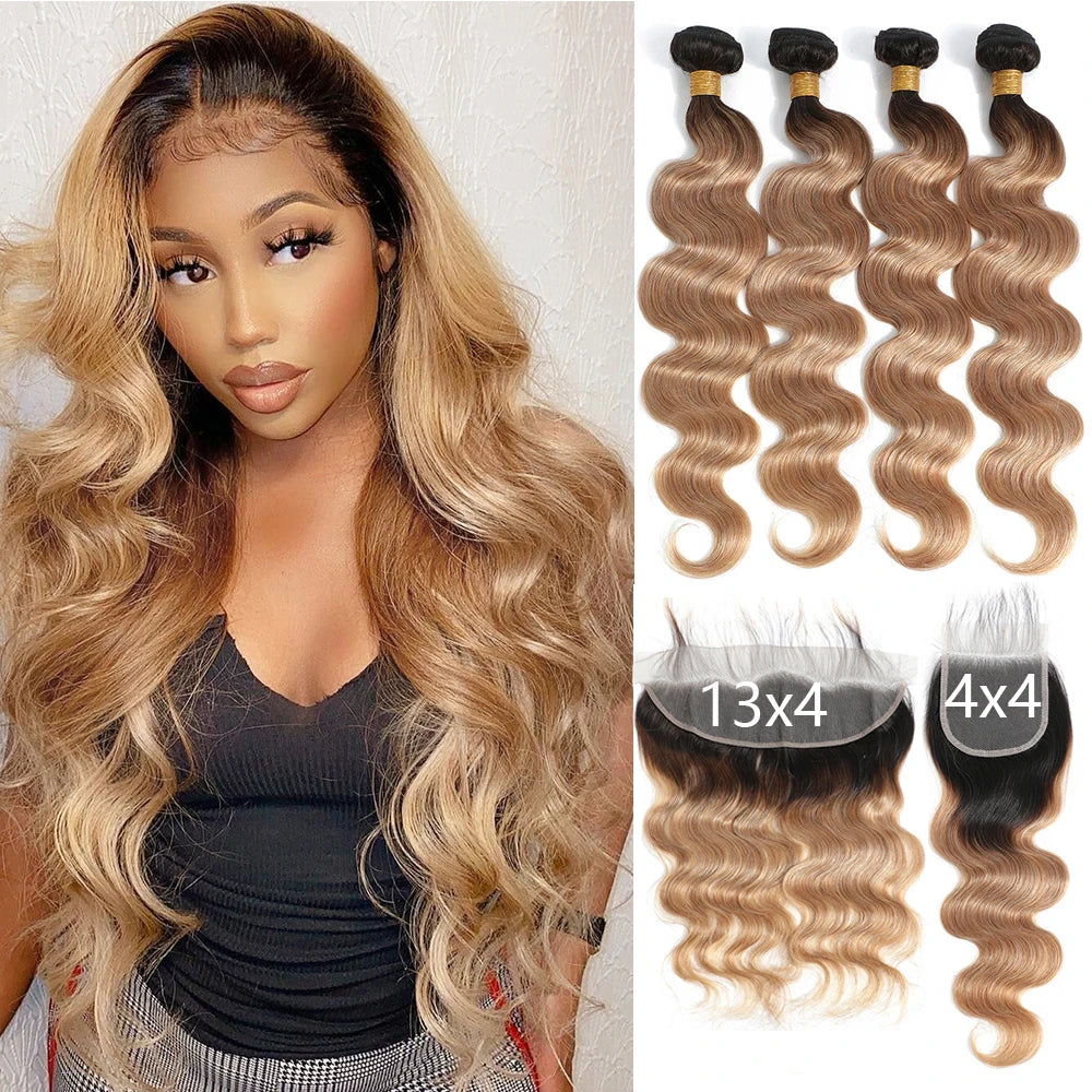 Body Wave Bundles with Frontal – Ombré Brazilian Remy Hair | 3 Bundles + Closure | 13x4 & 4x4 Lace | Colors T4/30, T1B/4/27, T1B/27