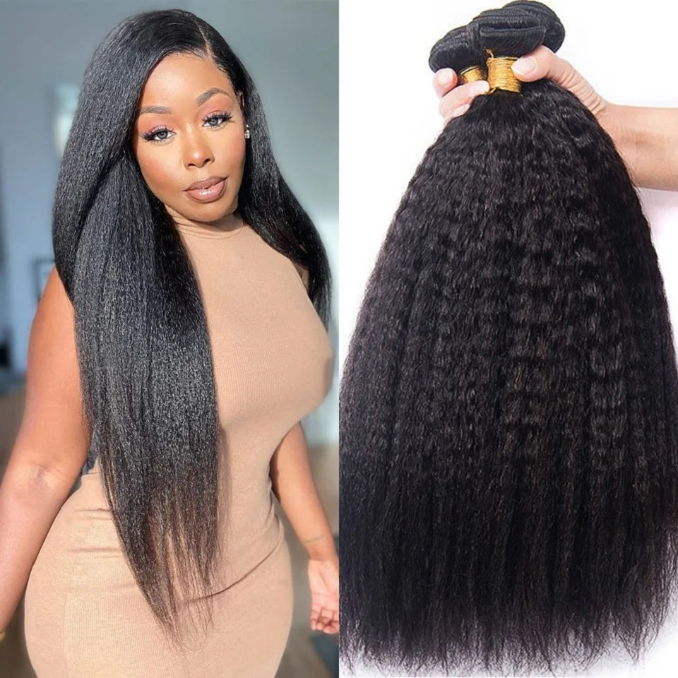 Brazilian Kinky Straight Hair Bundles – Yaki Texture Virgin Human Hair | 8–30 Inches | 3 & 4 Bundle Deals