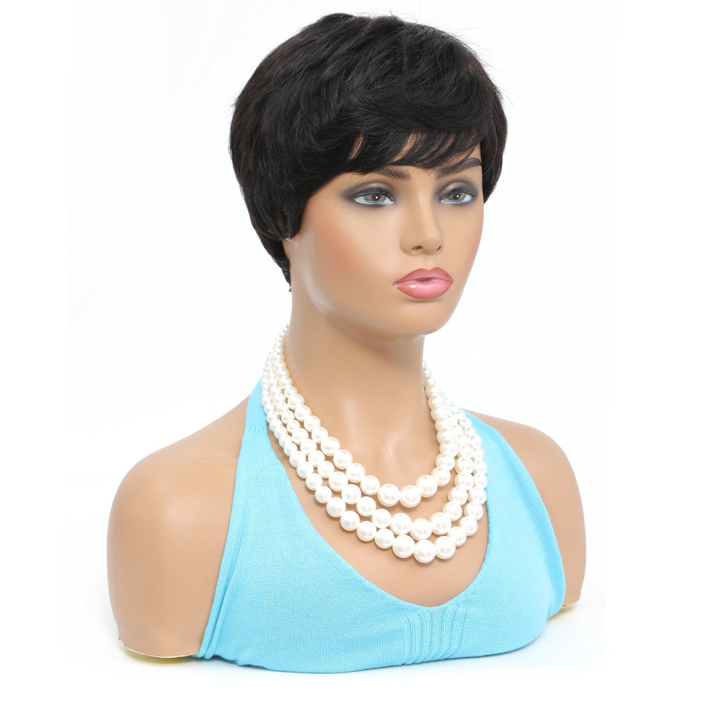 Pixie Cut Wig with Bangs – Short Layered Bob | 9A Brazilian Remy Human Hair | 180% Density | Glueless Full Machine Made | Natural Black