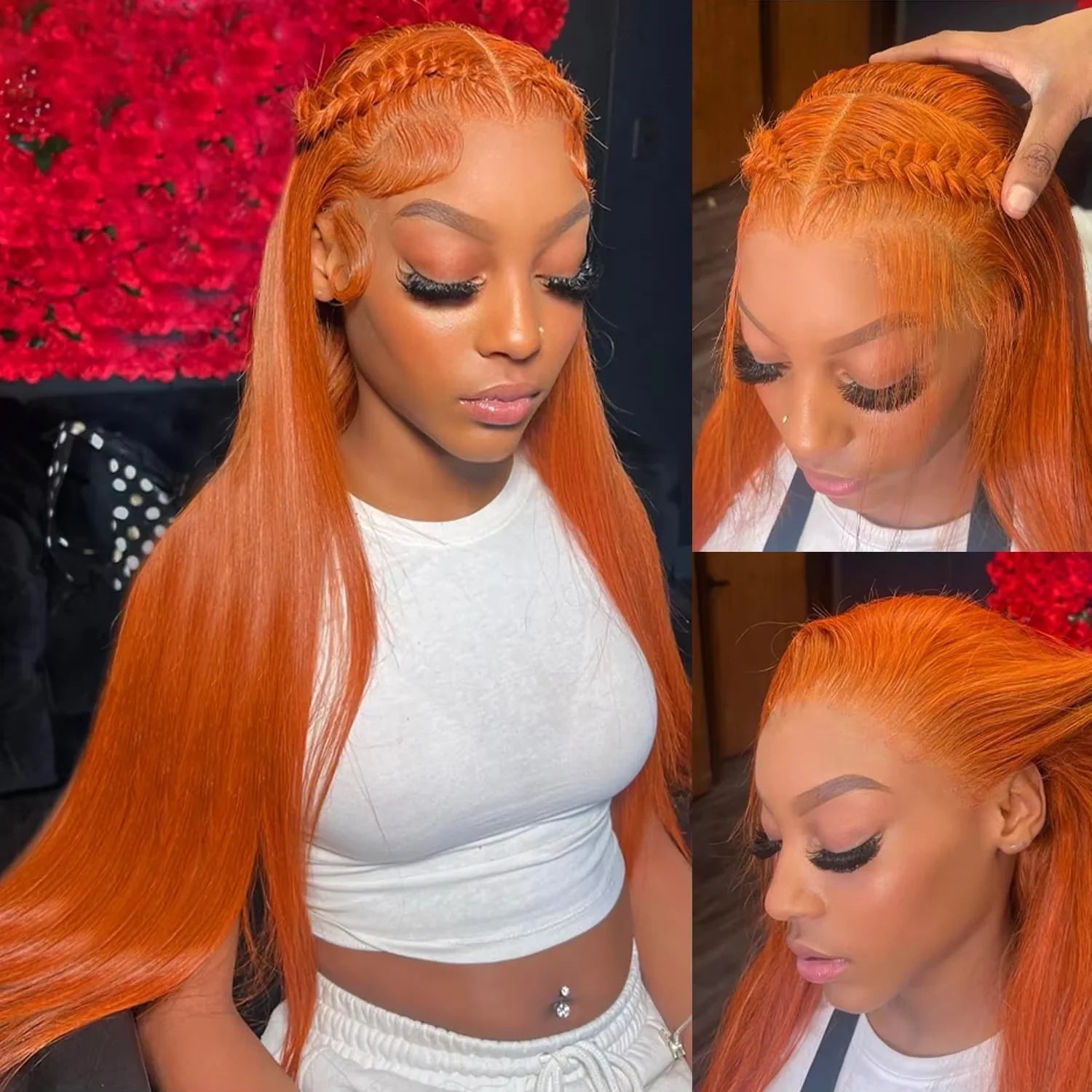 Ginger Orange 36Inch Bone Straight Hair 350Colored 13x6 Lace Front Human Hair Wigs High Density Lace Frontal Brazilian Wig Women