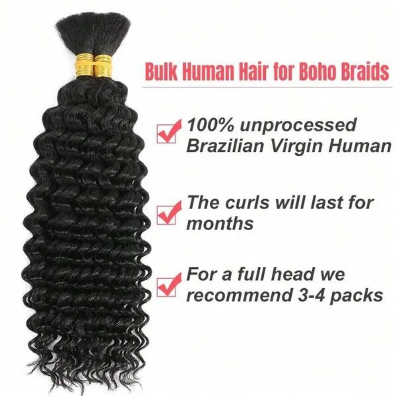 Human Hair Bulk For Braiding 2 Bundles Deep Wave Human Hair Extensions Human Braiding Hair For Boho Braids Water Wave Curly Hair