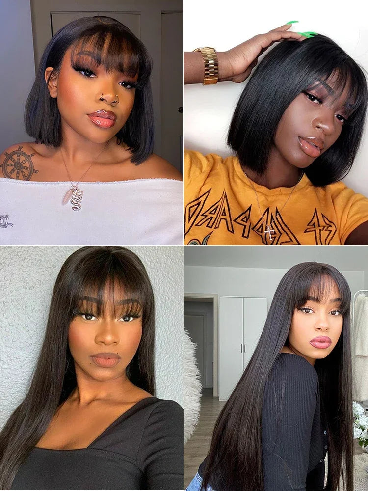 Long Straight Human Hair Wig with Bangs | Natural Black | 180%, 200%, 250% Density | 16"-34"