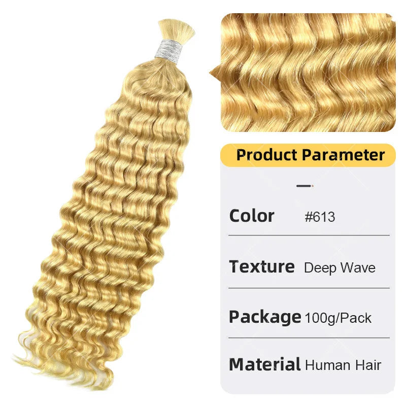 12A Human Braiding Hair for Boho Braids Color 613 27 Highlight Deep Wave Bulk Human Hair for Braiding Knotless Wet and Wavy Wigs