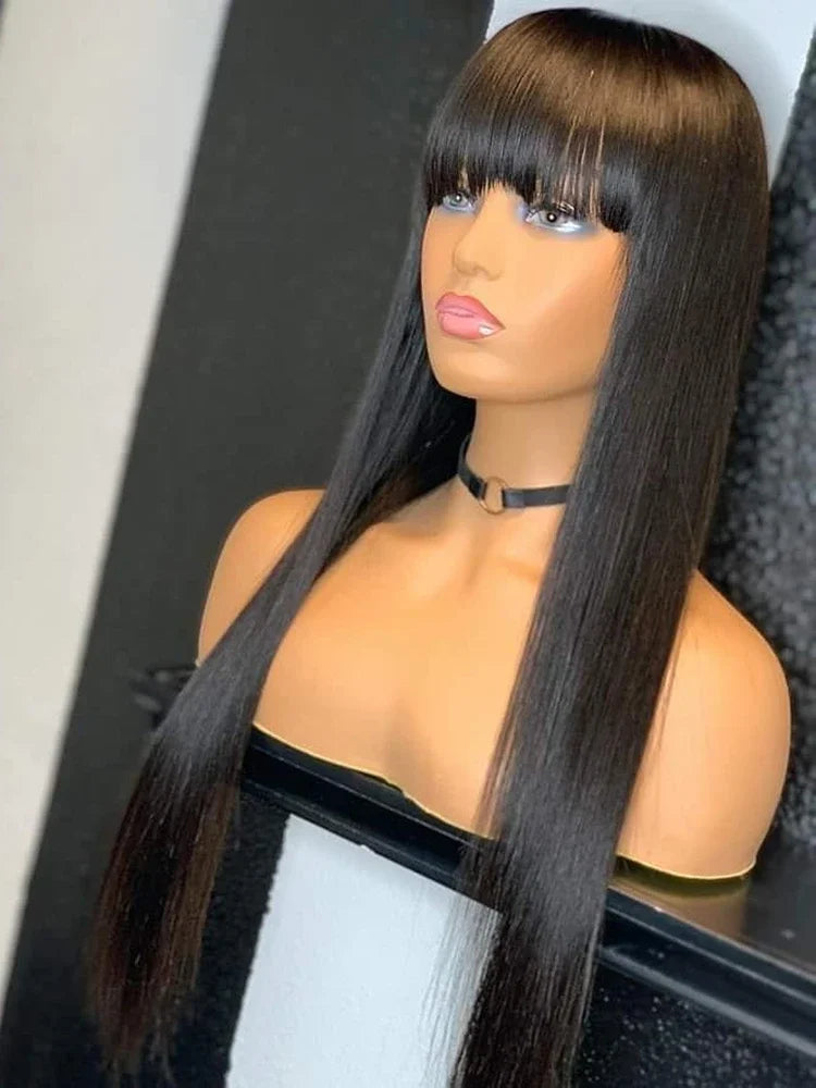 Long Straight Human Hair Wig with Bangs | Natural Black | 180%, 200%, 250% Density | 16"-34"
