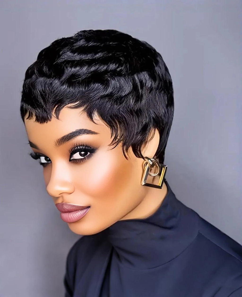 Short Pixie Cut Wig With Bangs | Full Machine Made | Remy Human Hair | 150% Density | Natural Black, Burgundy & Brown | VS HAIR