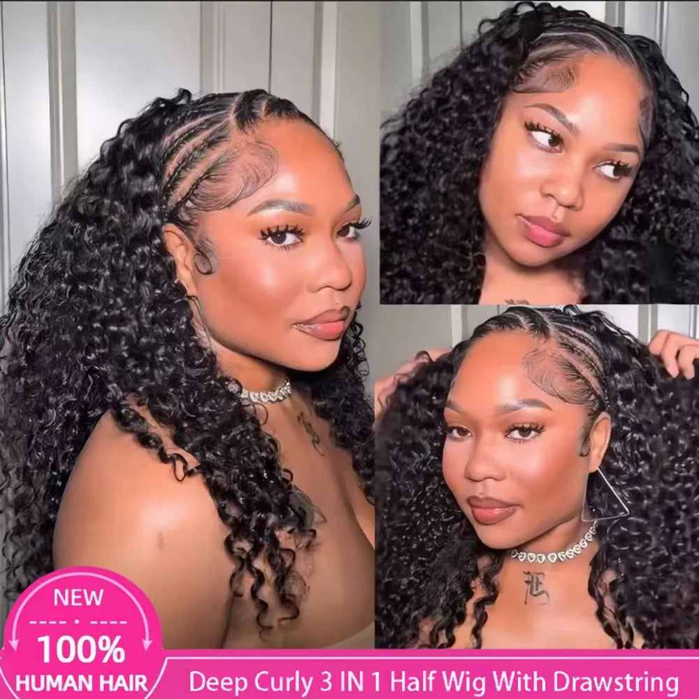 Jerry Curly Half Wig Human Hair Seamless Kinky Curly 3 In 1 Half Wig  Glueless  Heandband Clip In Wig No Sew In Black Color