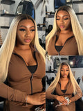 13x6 Lace Frontal Wig – 1B/613 Ombre Blonde Human Hair | Pre-Plucked, Dark Roots | 200% & 220% Density | 16–42 Inches