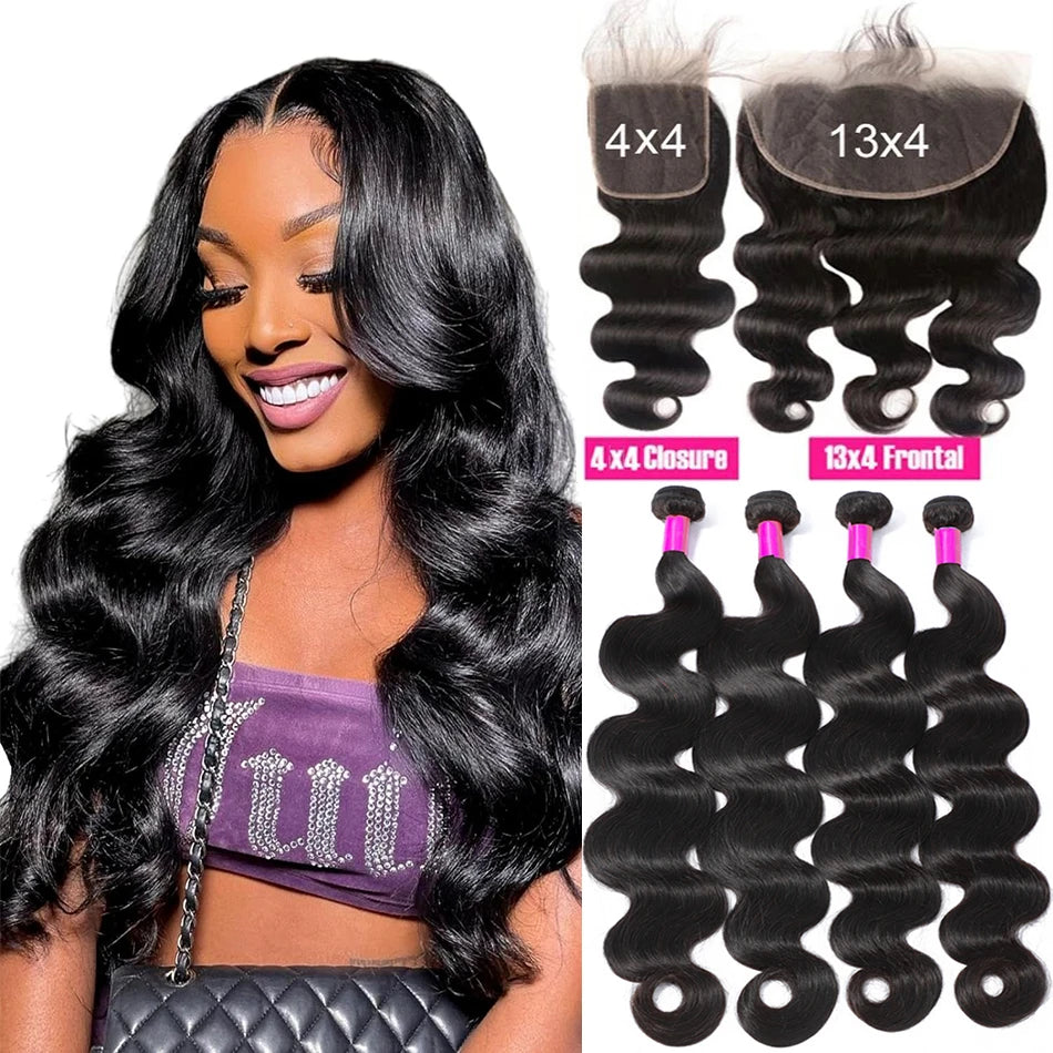 3 Bundles With Frontal 13x4 Brazilian Body Wave Virgin Hair Lace Closure with Bundles Raw Unprcessed Human Hair Extensions