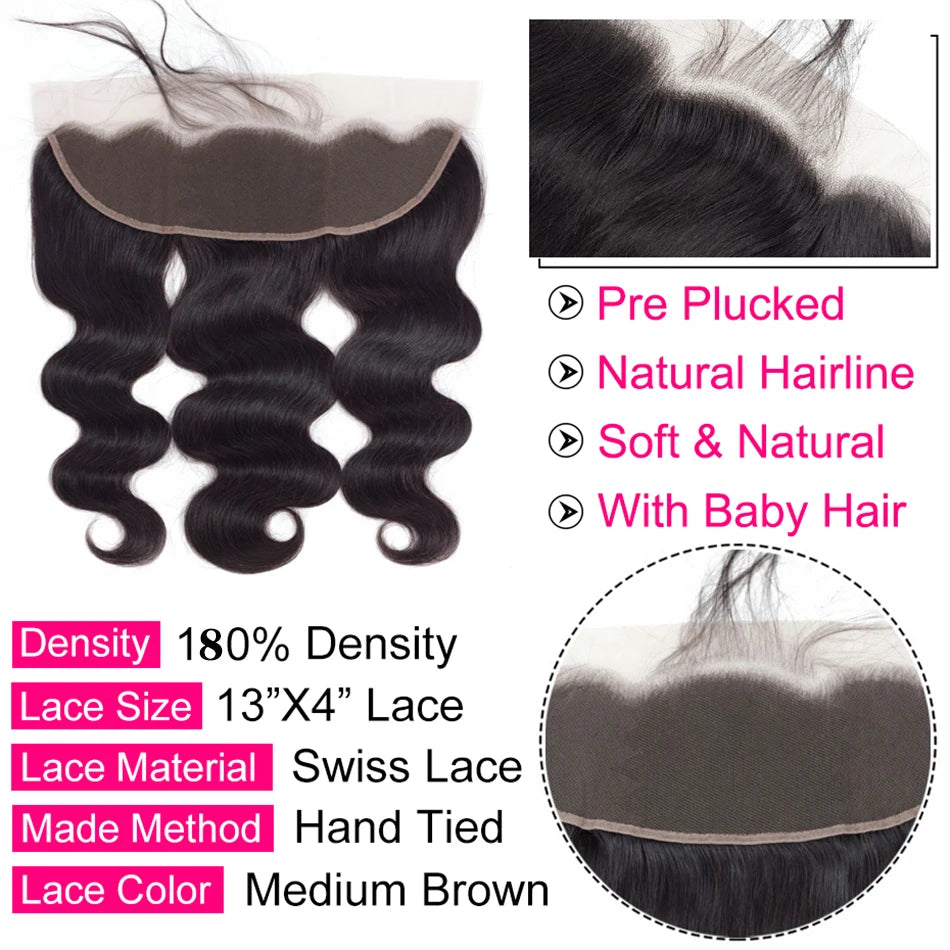 3 Bundles With Frontal 13x4 Brazilian Body Wave Virgin Hair Lace Closure with Bundles Raw Unprcessed Human Hair Extensions