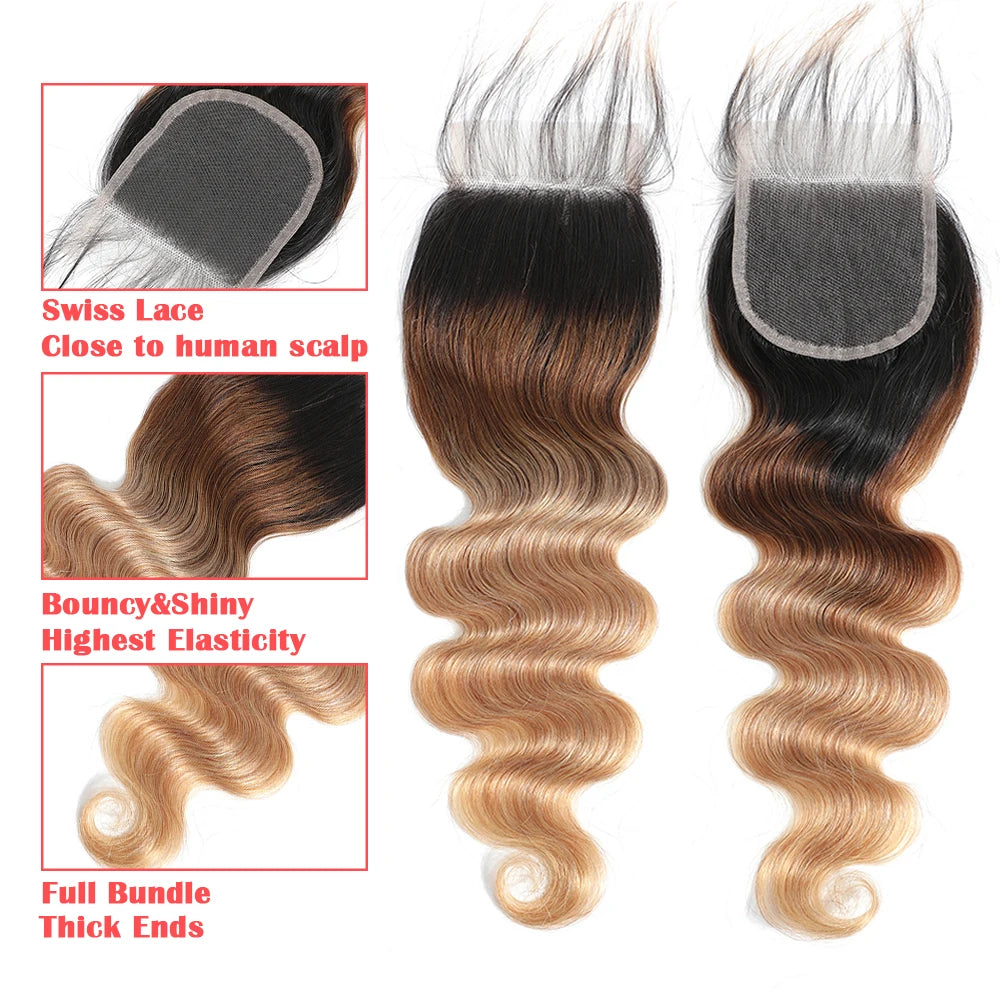 Body Wave Bundles with Frontal – Ombré Brazilian Remy Hair | 3 Bundles + Closure | 13x4 & 4x4 Lace | Colors T4/30, T1B/4/27, T1B/27