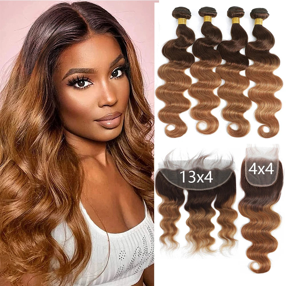 Body Wave Bundles with Frontal – Ombré Brazilian Remy Hair | 3 Bundles + Closure | 13x4 & 4x4 Lace | Colors T4/30, T1B/4/27, T1B/27