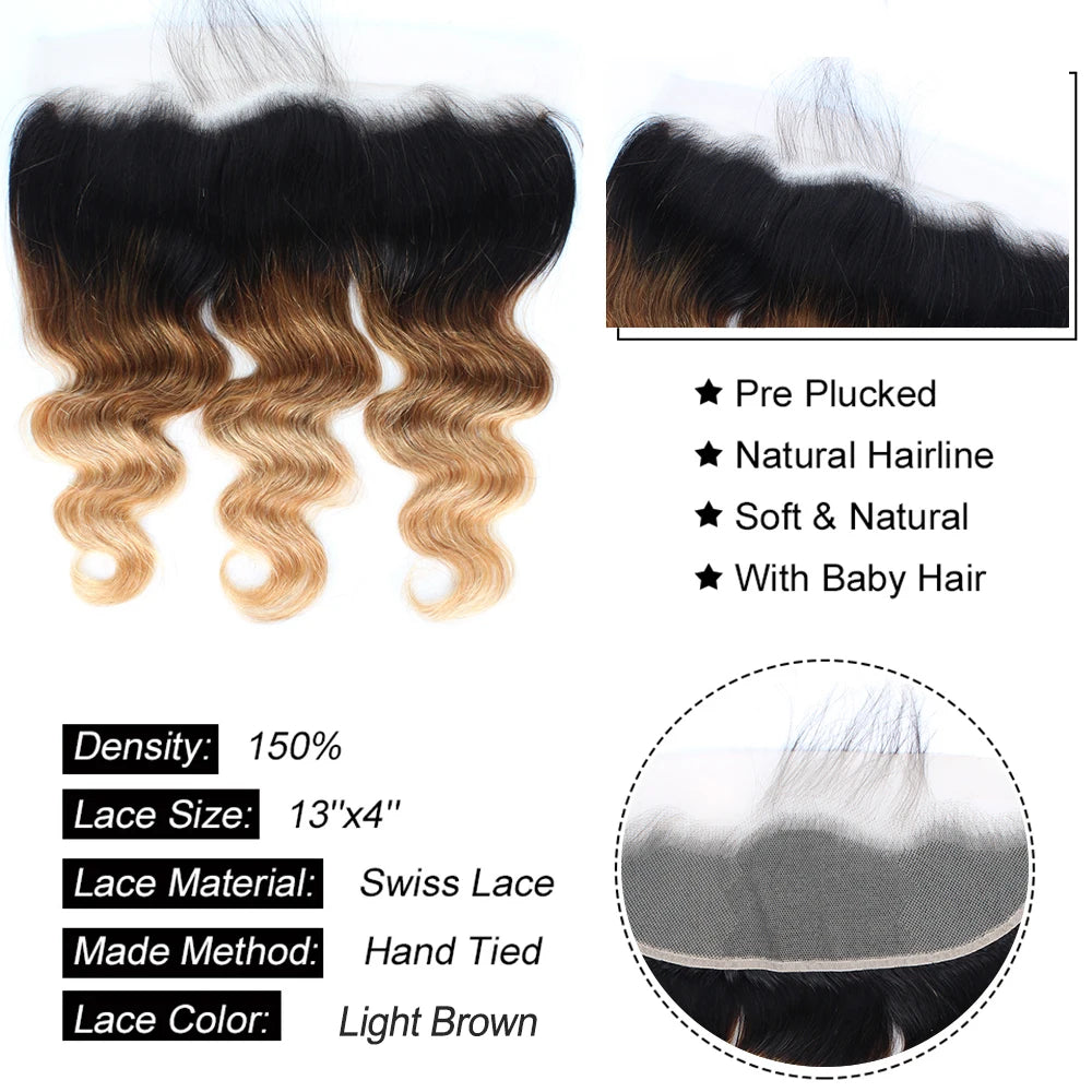 Body Wave Bundles with Frontal – Ombré Brazilian Remy Hair | 3 Bundles + Closure | 13x4 & 4x4 Lace | Colors T4/30, T1B/4/27, T1B/27