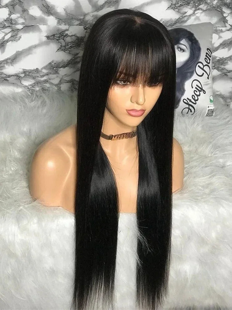 Long Straight Human Hair Wig with Bangs | Natural Black | 180%, 200%, 250% Density | 16"-34"