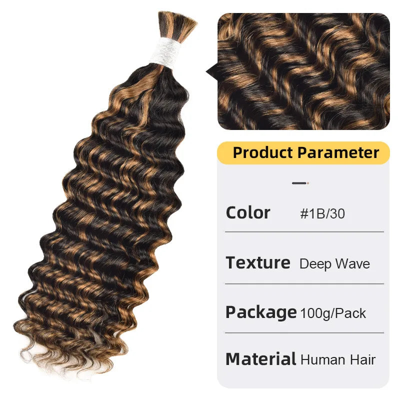 12A Human Braiding Hair for Boho Braids Color 613 27 Highlight Deep Wave Bulk Human Hair for Braiding Knotless Wet and Wavy Wigs