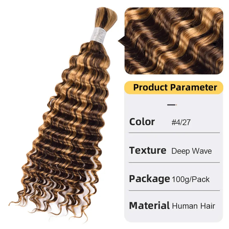 12A Human Braiding Hair for Boho Braids Color 613 27 Highlight Deep Wave Bulk Human Hair for Braiding Knotless Wet and Wavy Wigs