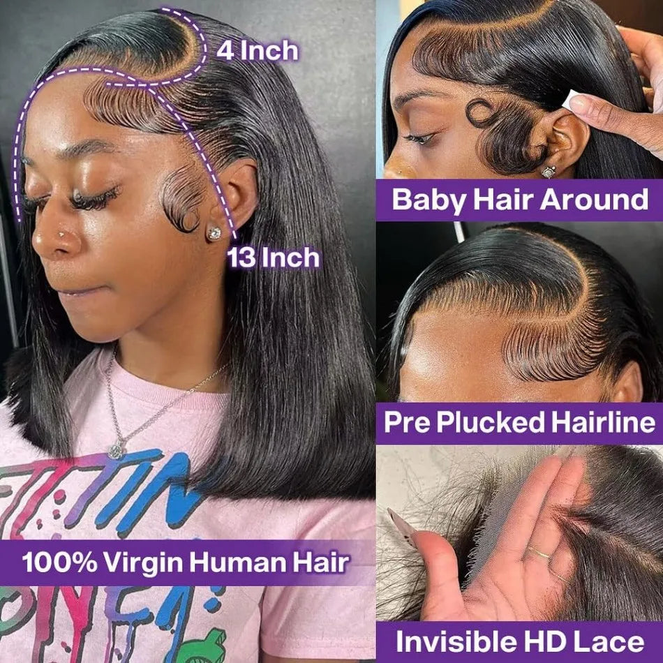 Short Bob Wig Human Hair Straight 13X6 Hd Transparent Lace Frontal Wig Brazilian Glueless 5X5 Hd Lace Closure Wig Natural Black