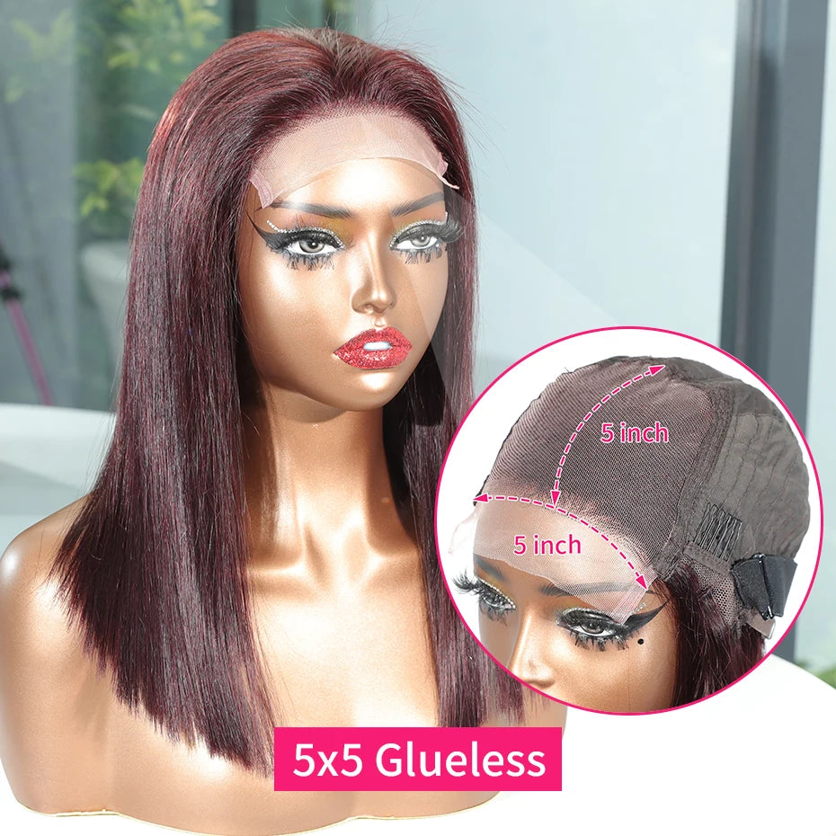 13x6 13x4 Frontal Bob 100%Human Hair Lace Front Wig Dark 99J Burgundy Square Cut Raw Vietnamese Bone Straight 250% Pre Plucked