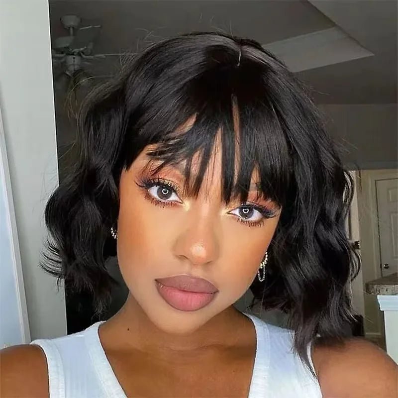 Body Wave Bob Wig With Bangs | Machine Made | Brazilian Remy Human Hair | 220% & 240% Density | 8"-16" | VS HAIR