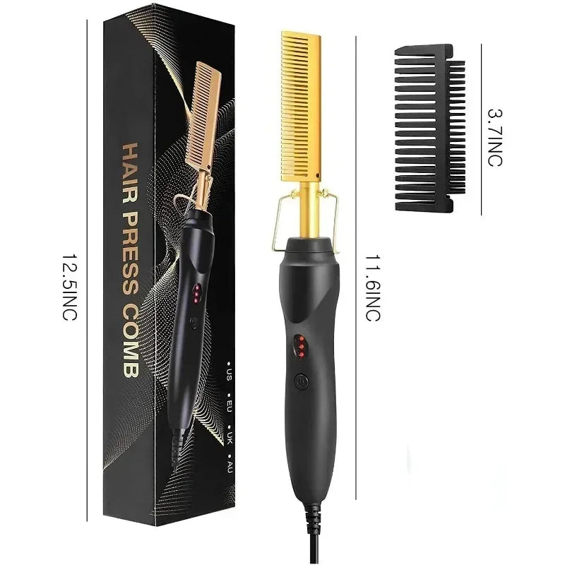 Electric Hot Comb Hair Straightener & Curler – Ceramic Tourmaline Straightening Brush | 120–230°C | Dual Voltage