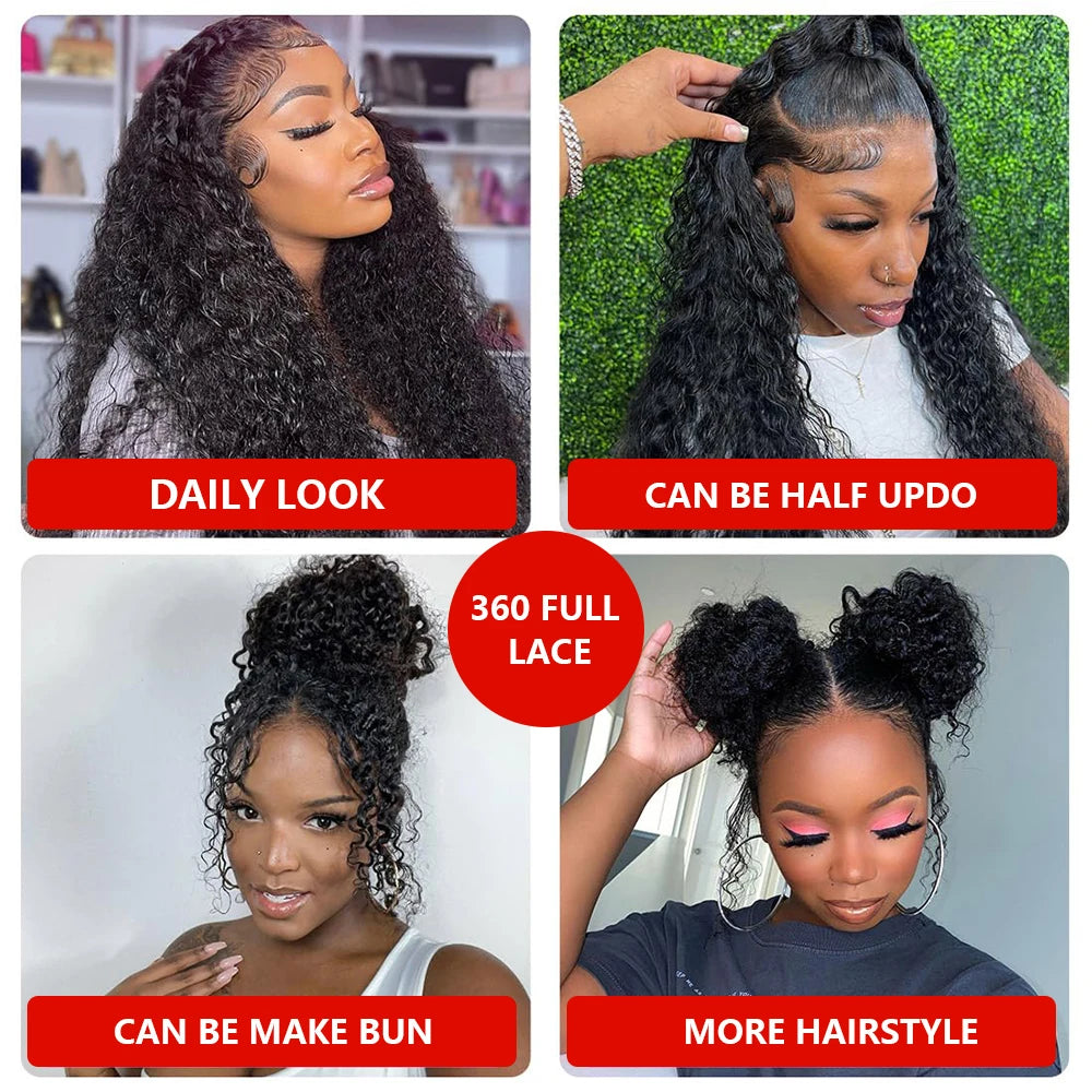 Upgrade 5x5 Water Wave Glueless Wig Invisible Strap 360 HD Full Lace Wigs Human Hair With Drawstrig Deep Curly 13x4 Lace Wigs