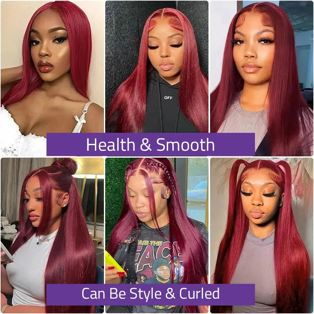 99j Burgundy Lace Frontal Human Hair Wig 250 Density Pre Plucked Red Hair Wig  5X5 HD Straight Lace Front Wig Human