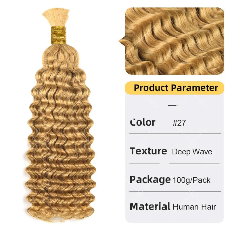 12A Human Braiding Hair for Boho Braids Color 613 27 Highlight Deep Wave Bulk Human Hair for Braiding Knotless Wet and Wavy Wigs