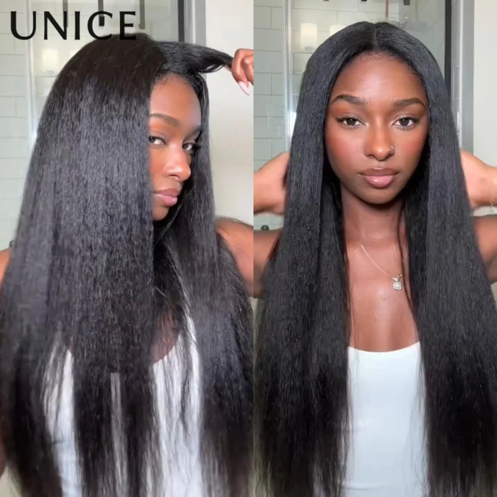 UNice InvisiBlend™ Kinky Straight V Part Wig With Drawstring Natural Black 100% Human Hair Wigs No Glue Fit For All Head Sizes
