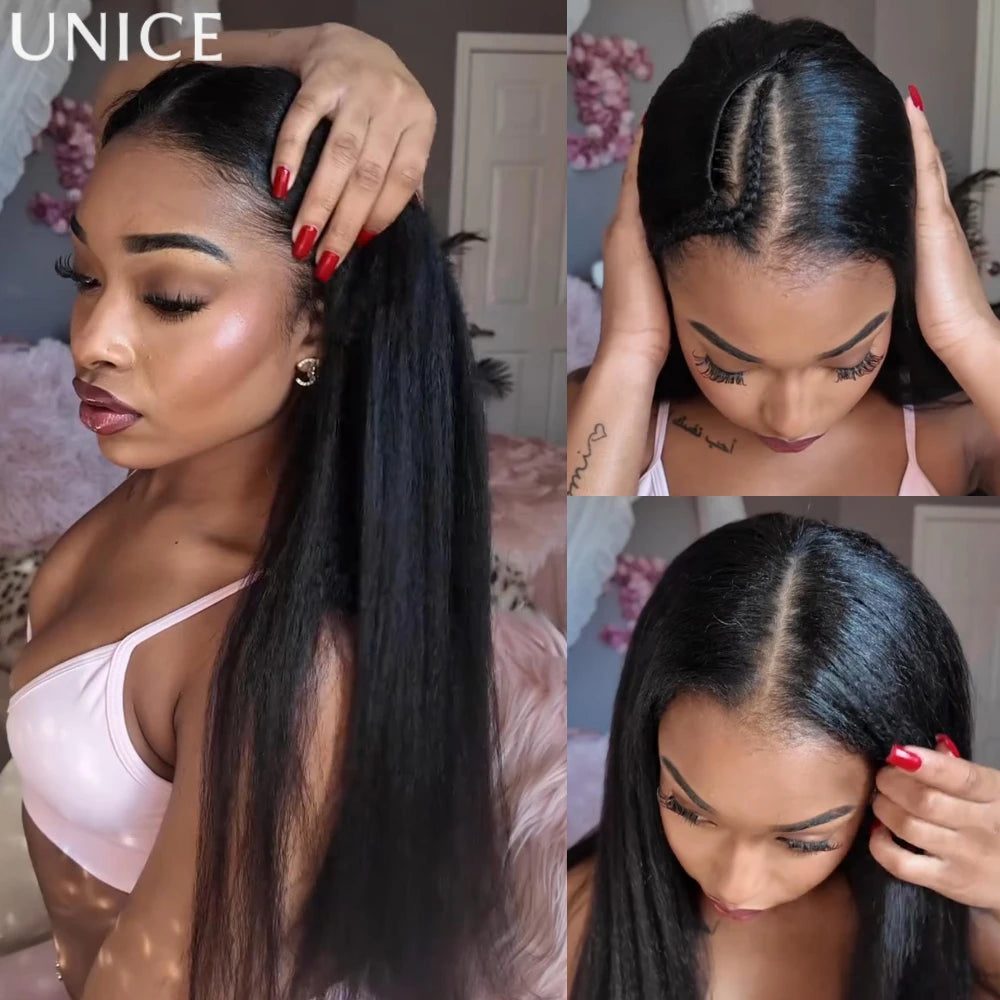 UNice InvisiBlend™ Kinky Straight V Part Wig With Drawstring Natural Black 100% Human Hair Wigs No Glue Fit For All Head Sizes