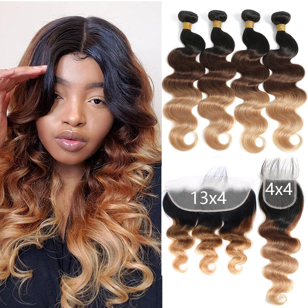 Body Wave Bundles with Frontal – Ombré Brazilian Remy Hair | 3 Bundles + Closure | 13x4 & 4x4 Lace | Colors T4/30, T1B/4/27, T1B/27