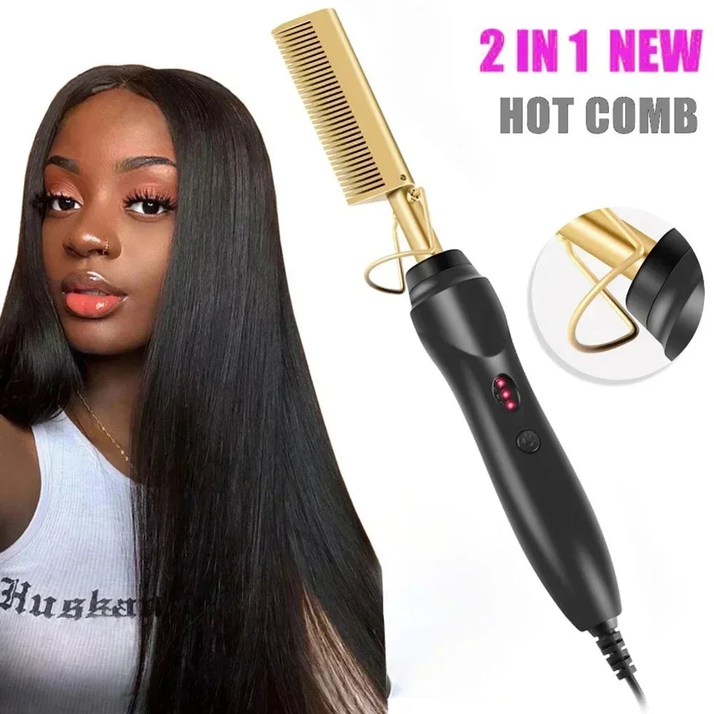 Electric Hot Comb Hair Straightener & Curler – Ceramic Tourmaline Straightening Brush | 120–230°C | Dual Voltage