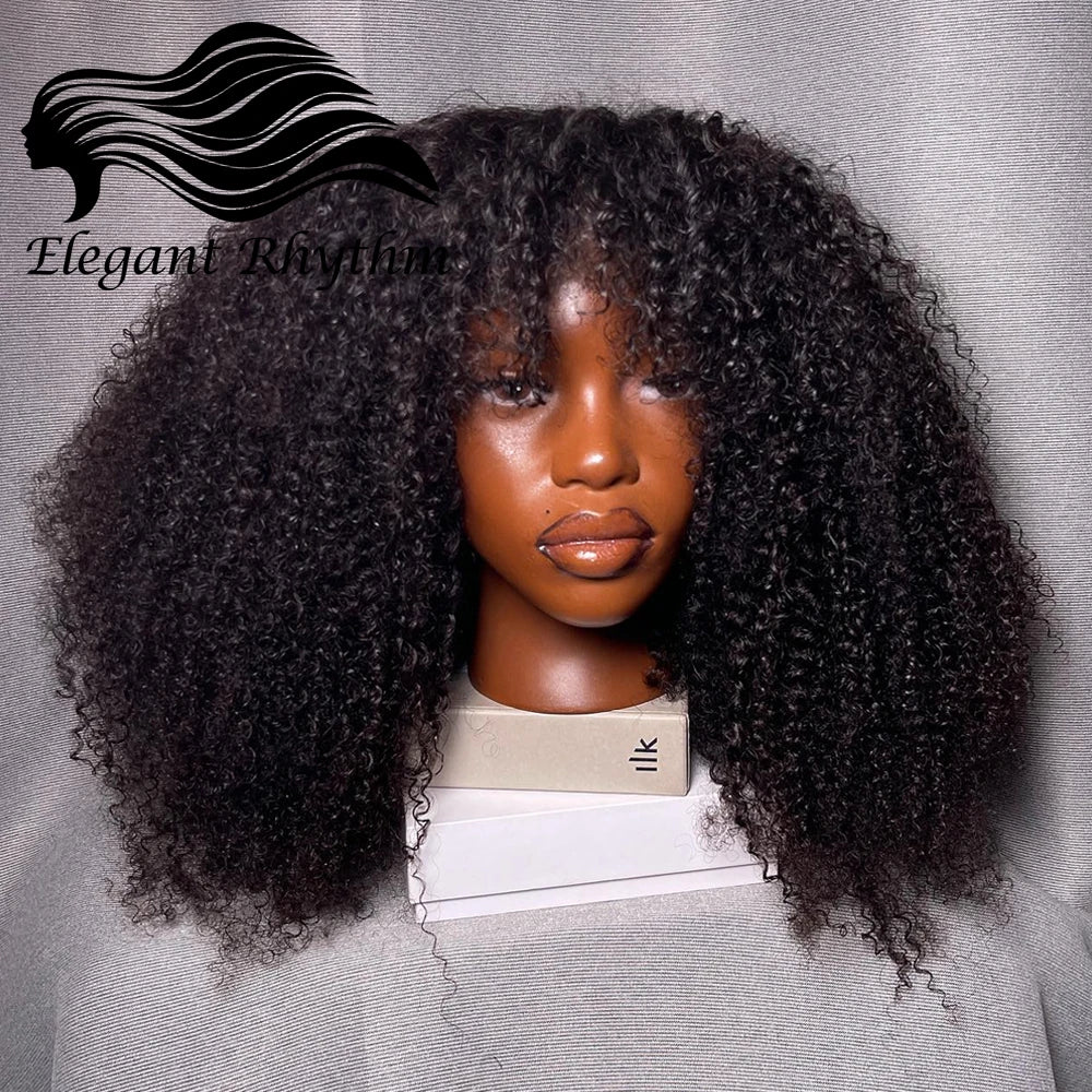 Afro Kinky Curly Human Hair Wigs With Bangs 200% Density Remy Human Hair Glueless Wig  Afro Curly Fringe Wigs for Black Women