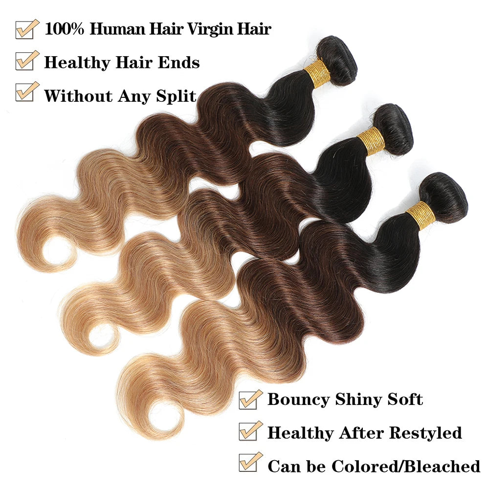 Body Wave Bundles with Frontal – Ombré Brazilian Remy Hair | 3 Bundles + Closure | 13x4 & 4x4 Lace | Colors T4/30, T1B/4/27, T1B/27