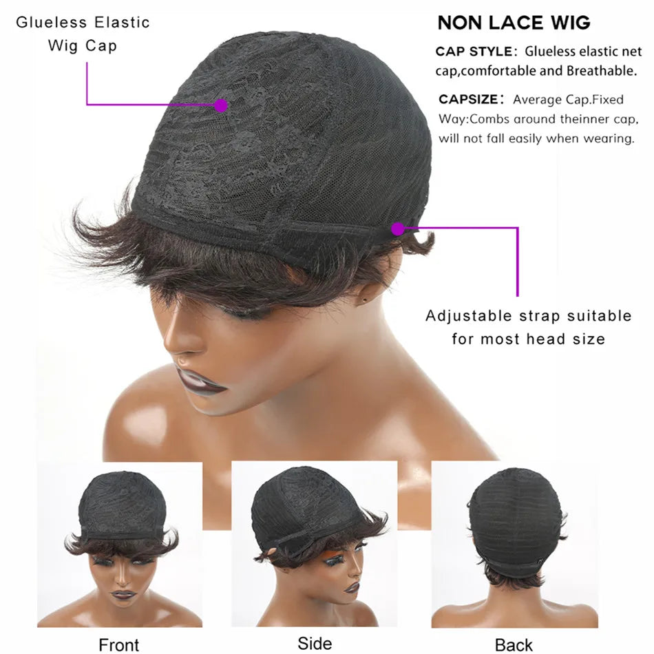 Pixie Cut Wig with Bangs – Short Layered Bob | 9A Brazilian Remy Human Hair | 180% Density | Glueless Full Machine Made | Natural Black