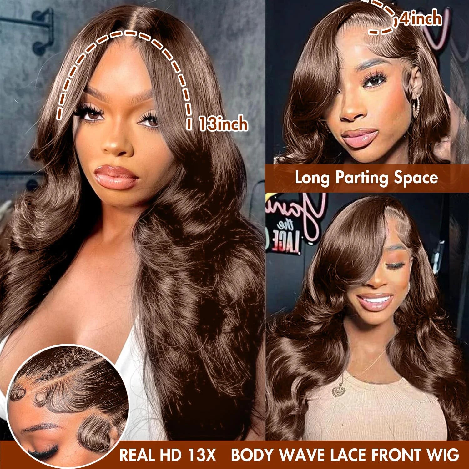 250 Density 13x4 FULL SKINLIKE HD lace front wigs Human Hair Chocolate Brown Pre Plucked Real 15A 0.10mm Ultra-thin Invisible