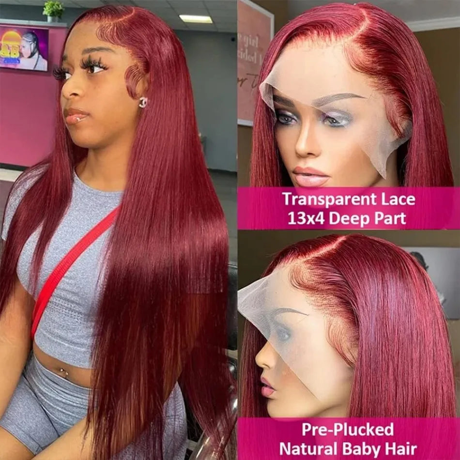 13X6 Hd Lace Frontal Wig 99J Burgundy Straight Human Hair Wigs 100% Preplucked Brazilian Colored Lace Front Wig 220 Density 36In